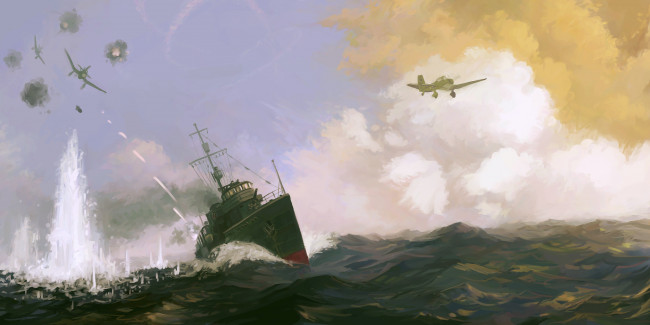 Обои картинки фото рисованное, армия, атака, трассеры, взрывы, бой, валериан, куйбышев, эсминец, корабль, самолеты, море