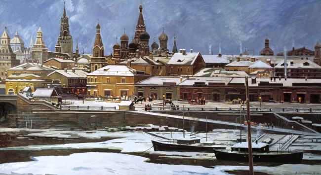 Обои картинки фото вид на кремль, рисованное, алексей евстигнеев, корабли, зима, река, москва, улица, люди, снег