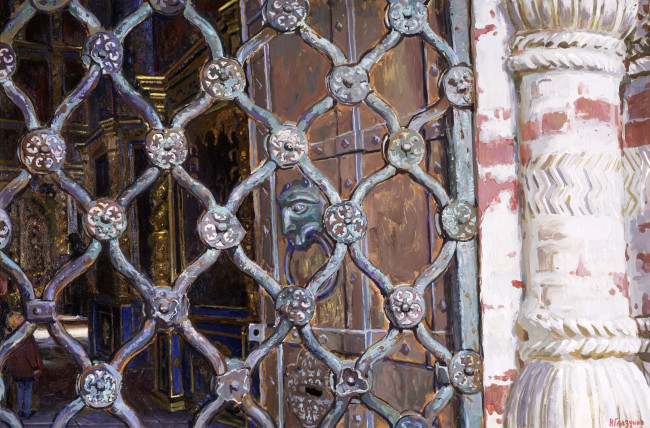 Обои картинки фото успенский собор в ростове великом, рисованное, иван глазунов, роспись, коридор, решетка, здание, колонна