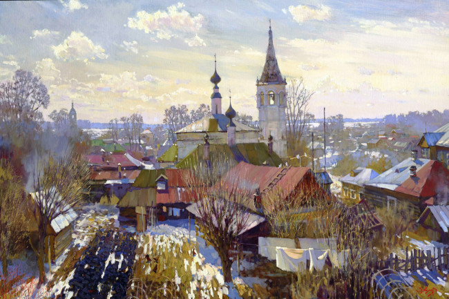 Обои картинки фото воскресенье - зяблов Ярослав, рисованное, живопись, город, деревья, облака, белье, здания, дома, небо