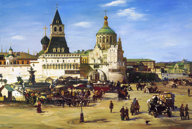 Обои картинки фото вид на лубянскую площадь, рисованное, алексей евстигнеев, повозки, люди, здания, дома, столица, москва
