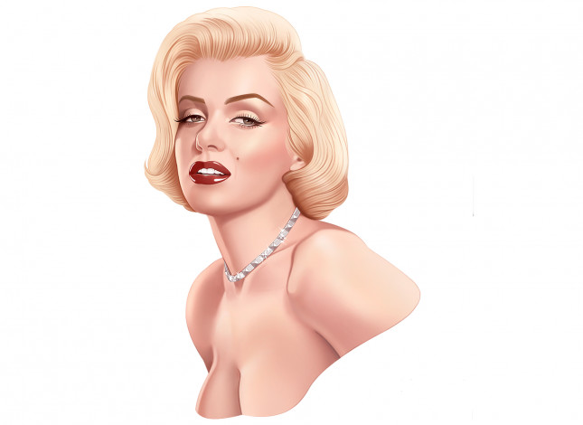 Обои картинки фото marilyn monroe, рисованное, люди, знаменитость, взгляд, родинка, девушка, фон