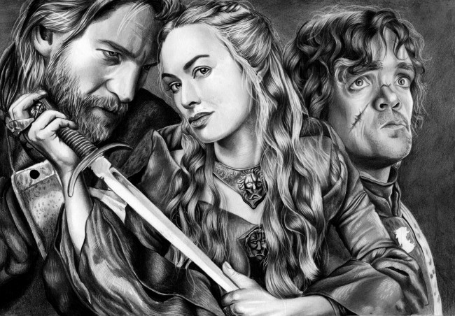 Обои картинки фото lannister family, рисованное, кино, девушка, меч, взгляд, фон, карлик, мужчина