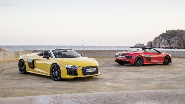 Обои картинки фото автомобили, audi, 2017, v10, spyder, r8, красный, жёлтый