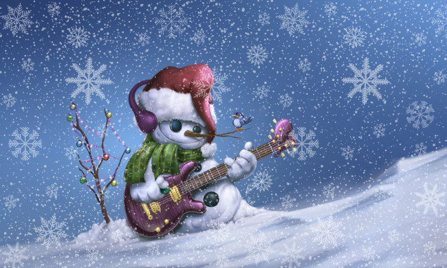 Обои картинки фото праздничные, векторная графика , новый год, рождество, martin, mariano, hernandez, tena, by, гитара, зима, снеговик, snowman, illustration, snowboard, merry, christmas, праздник, новый, год, фон, снежинки, птица, снег