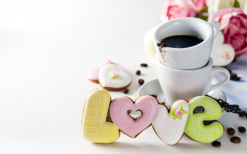обоя праздничные, день святого валентина,  сердечки,  любовь, кофе, надпись, пряники