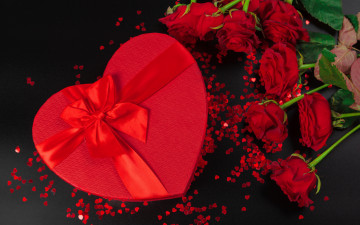 обоя праздничные, день святого валентина,  сердечки,  любовь, сердечки, бант, лента, розы, подарок