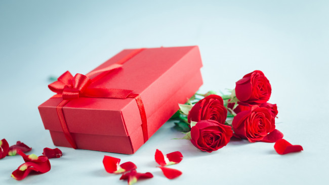 Обои картинки фото праздничные, подарки и коробочки, бант, лепестки, розы, коробка, подарок