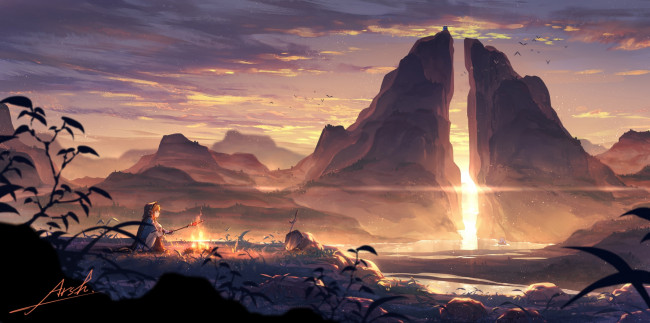 Обои картинки фото видео игры, the legend of zelda, эльф, костер, скалы, закат, озеро