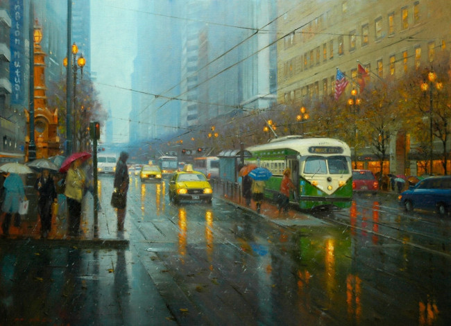 Обои картинки фото рисованное, живопись, арт, улица, город, дождь, трамвай, люди, зонтики, такси, огни, фонари, светофор