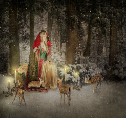 обоя праздничные, разное, новый, год, лес, зима, снег, mrs, claus, свечи, олени, новогодняя, открытка