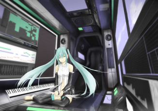 Картинка аниме vocaloid hatsune miku loundraw музыка клавишные сидя динамики девушка