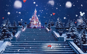 обоя диснейленд, праздничные, новогодние, пейзажи, замок, лестница, зима, снег, ёлки, сапог, санты, париж, рождество, новый, год