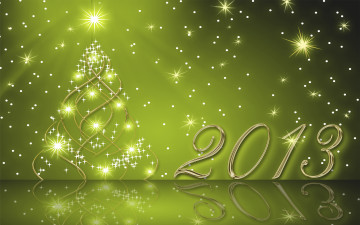 Картинка праздничные 3д графика новый год отрожение фон зелёный 2013 надпись звёзды ель