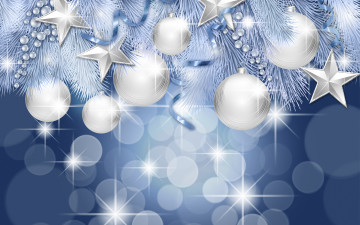 Картинка праздничные векторная графика новый год блики хвоя серпантин звёзды шары