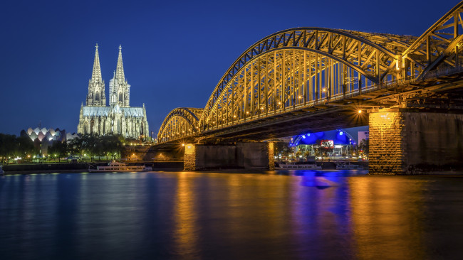Обои картинки фото города, кельн, германия, ночь, мост, собор