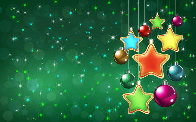 Обои картинки фото праздничные, векторная, графика, новый, год, шары, звёзды, украшения, зелёный