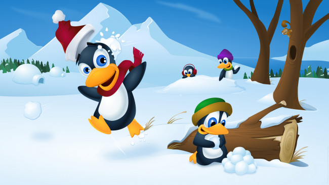Обои картинки фото векторная графика, снег, деревья, пингвины