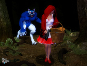 Картинка 3д+графика фантазия+ fantasy корзина волк оружие накидка красная шапочка темно лес фон взгляд девушки