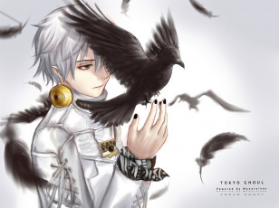 Картинка аниме tokyo+ghoul парень kaneki ken наушники перья птицы tokyo ghoul mazarinee арт ворона