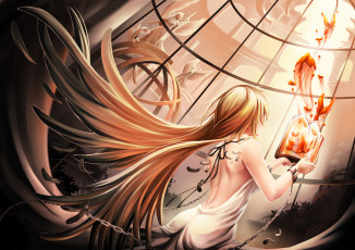 Картинка аниме ангелы +демоны цепи девушка bluemallo арт жидкость окна птицы клетка перья