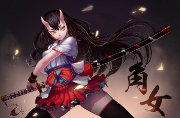 Картинка аниме ангелы +демоны qianbi взгляд волосы поза демон оружие меч девушка арт