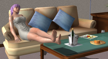 Картинка 3д+графика аниме+ anime диван девушка сон вино стол подушки