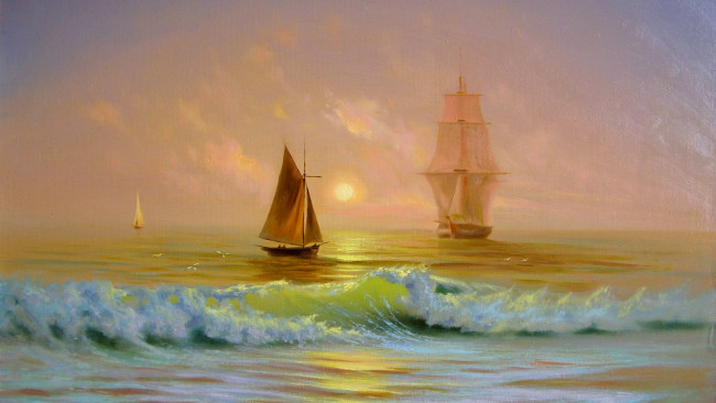 Обои картинки фото рисованное, живопись, волны, море, лодки, парусник