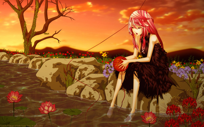 Обои картинки фото аниме, guilty crown, небо, цветы, камни, cilou, деревья, пруд, платье, yuzuriha, inori, девушка, вода, заколка, клубок, облака, закат