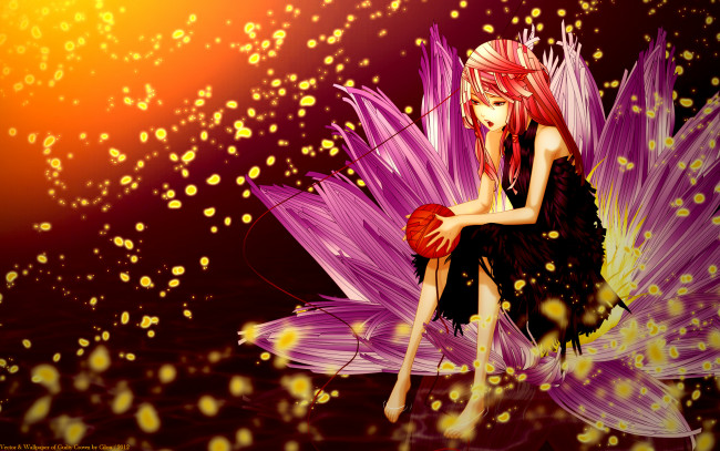 Обои картинки фото аниме, guilty crown, yuzuriha, inori, платье, девушка, вода, цветок, заколка, cilou, искры, клубок