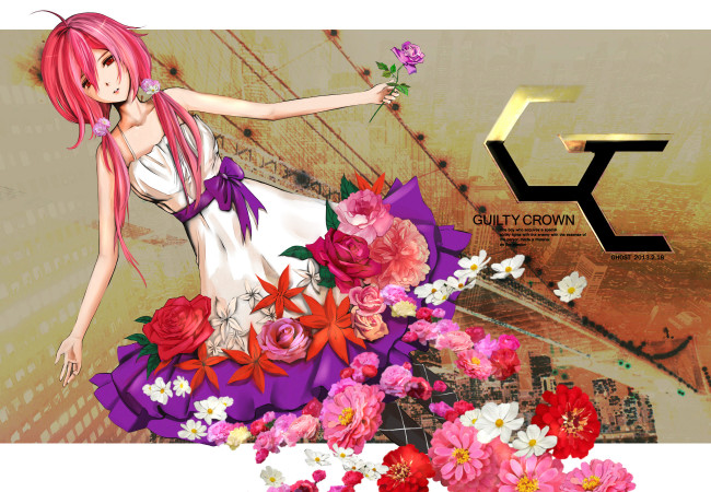 Обои картинки фото аниме, guilty crown, заколка, бант, цветы, платье, yuzuriha, inori, девушка