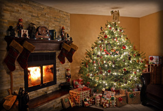 обоя праздничные, новогодний очаг, елка, камин, украшения