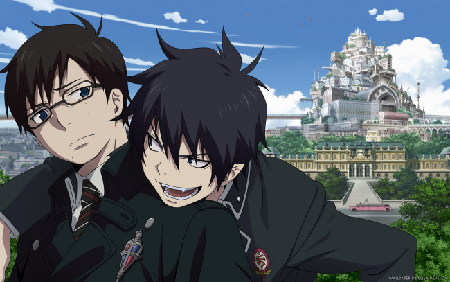 Обои картинки фото аниме, ao no exorcist, рин, синий, экзорцист, арт, город, братья, юкио