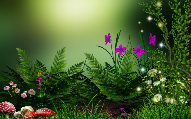 Обои картинки фото разное, компьютерный дизайн, цветы, грибы, папоротник, дерево, зеленый