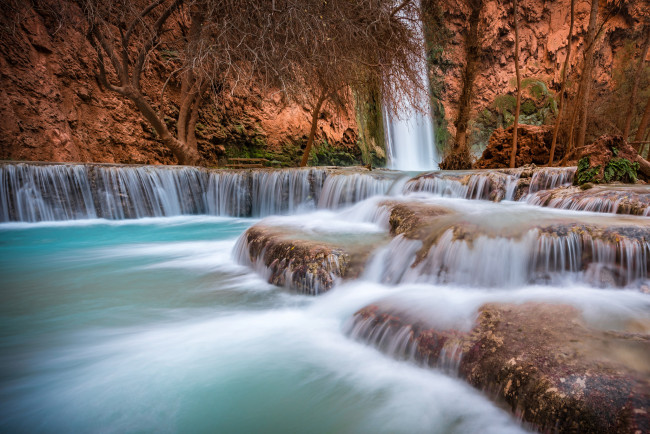 Обои картинки фото природа, водопады, деревья, поток, вода, водопад