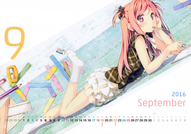 Обои картинки фото календари, аниме, девочка, 2016, сентябрь