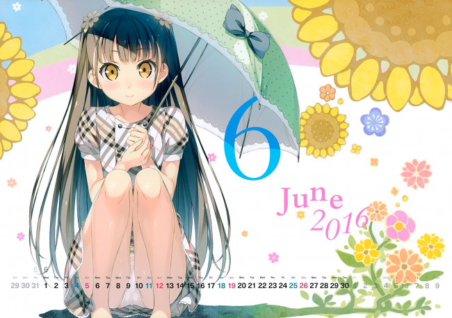 Обои картинки фото календари, аниме, зонт, девочка, 2016, июнь