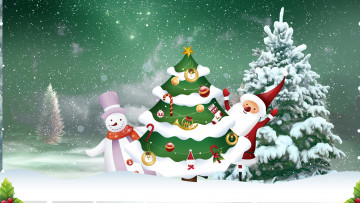 обоя праздничные, векторная графика , новый год, дед, мороз, елка, снеговик