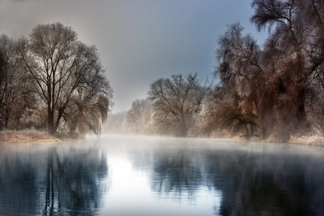 Обои картинки фото природа, реки, озера, robert, didierjean, мороз, река, отражение, туман, пейзаж, иней, деревья, зима