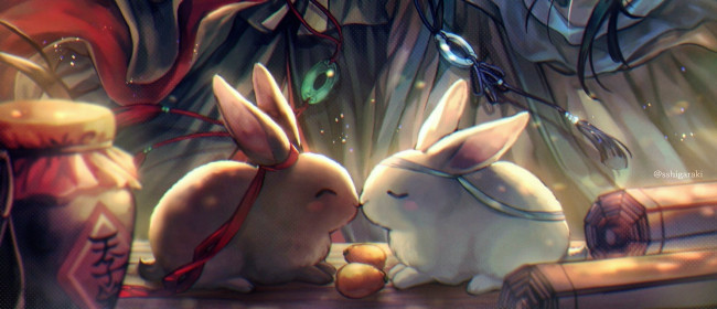 Обои картинки фото аниме, mo dao zu shi, кролики, кувшин, ленты, свитки