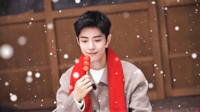 Обои картинки фото мужчины, xiao zhan, актер, шарф, пальто, снег, конфета