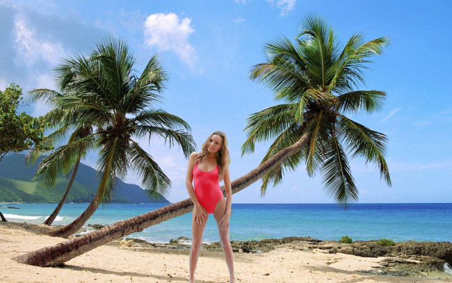 Обои картинки фото девушки, katya clover , катя скаредина, море, пальмы, купальник