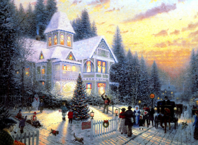 Обои картинки фото рисованное, thomas kinkade, дом, люди, карета, праздник