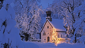 Картинка города католические соборы костелы аббатства деревья снег вечер