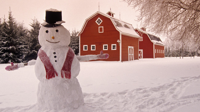 Обои картинки фото праздничные, снеговики, дом, снег, шарф