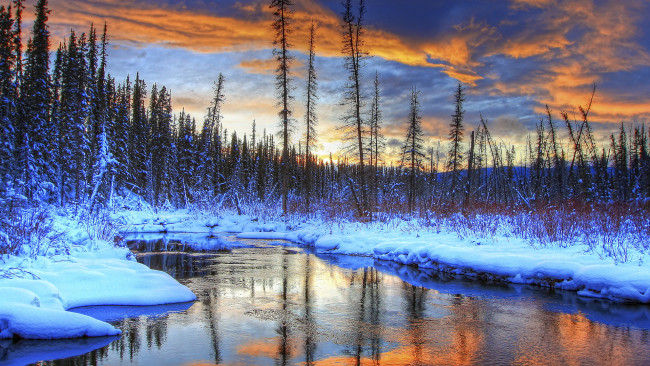 Обои картинки фото природа, реки, озера, снег, облака, деревья