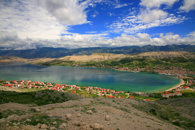 Обои картинки фото хорватия, природа, пейзажи, дома, побережье, небо, горы