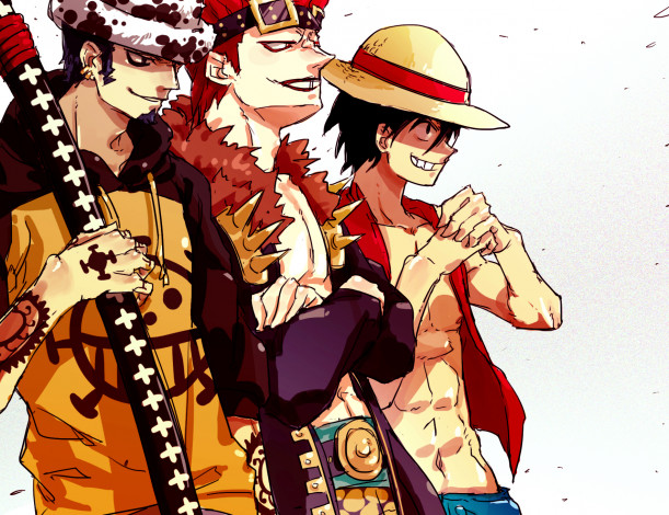 Обои картинки фото аниме, one, piece, trafalgar, law, eustass, kid, monkey, d, luffy