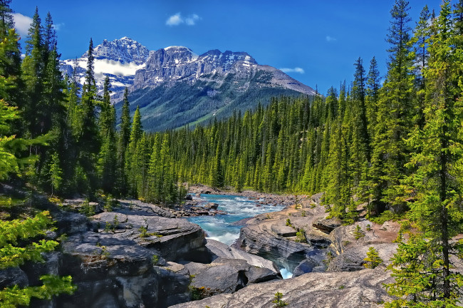Обои картинки фото mistaya, river, alberta, canada, природа, реки, озера, лес, горы, пейзаж, река, канада, скалы, деревья, альберта
