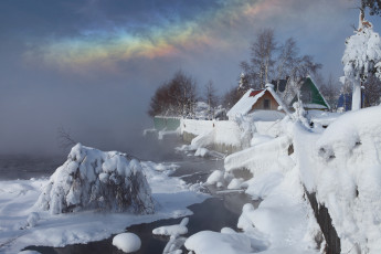 Картинка природа зима снег деревья дома